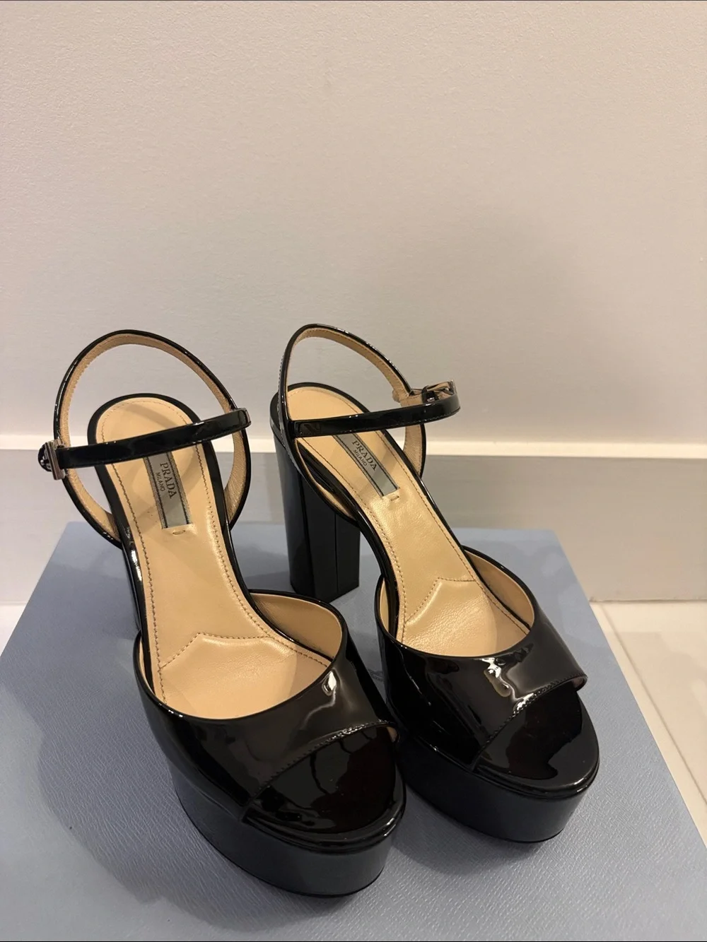 Prada Black Patent Platform Sandal Heels with Ankle Strap